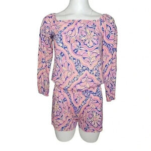 Lilly Pulitzer Lana Romper Can’t Resist Off Shoulder Pink Blue Size XS